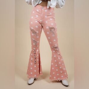 PEACH LOVE S Stretchy Distressed Bell Bottom w Stars Pant Jeans